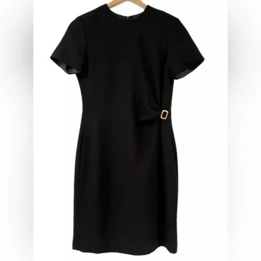 Coldwater Creek Sheath Dress Women P10 Black Gold Buckle Side Gathered LBD
